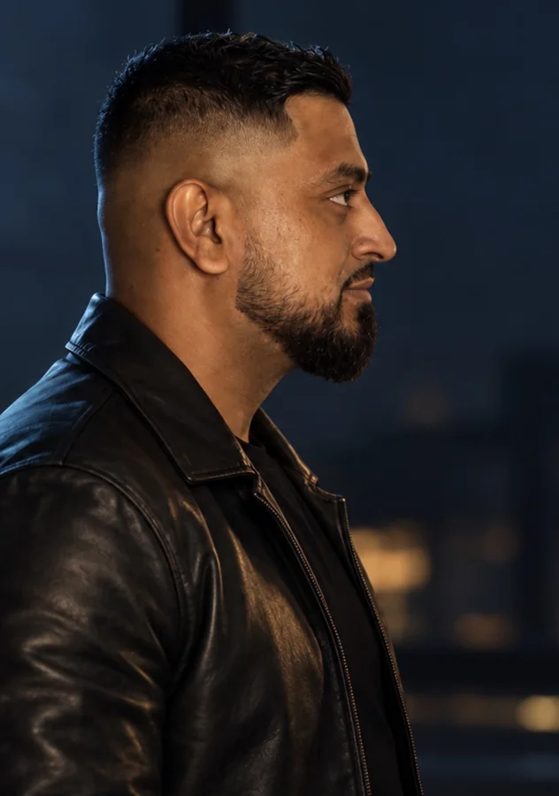 Side-profile portrait of Omid Romal in a leather jacket
