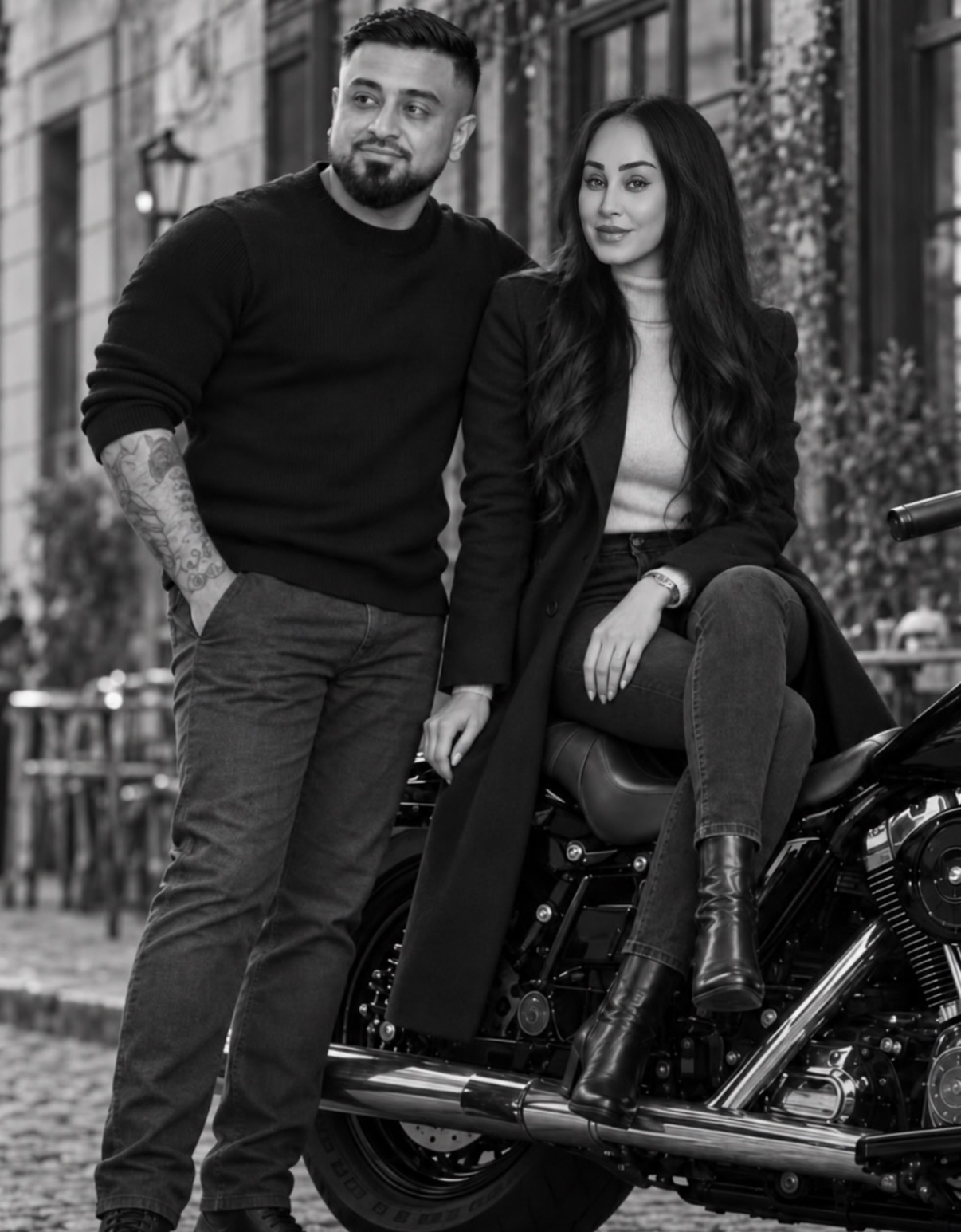 Omid with his wife beside a motorcycle on a city street